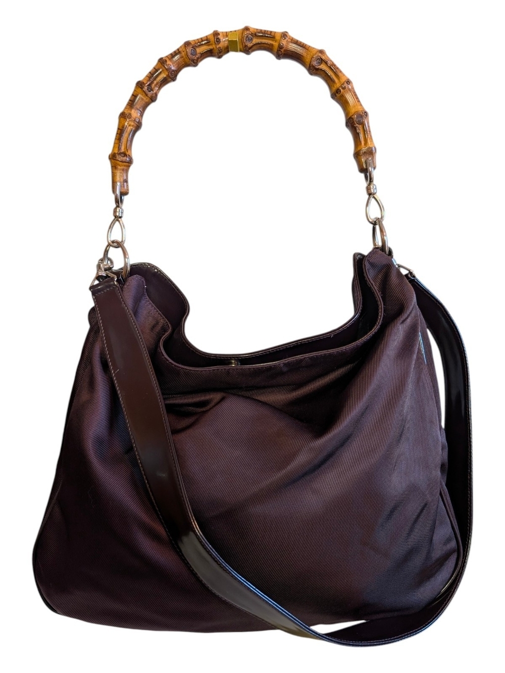 Gucci Vintage Bamboo Eggplant Nylon Hobo Shoulder Bag - EUC!